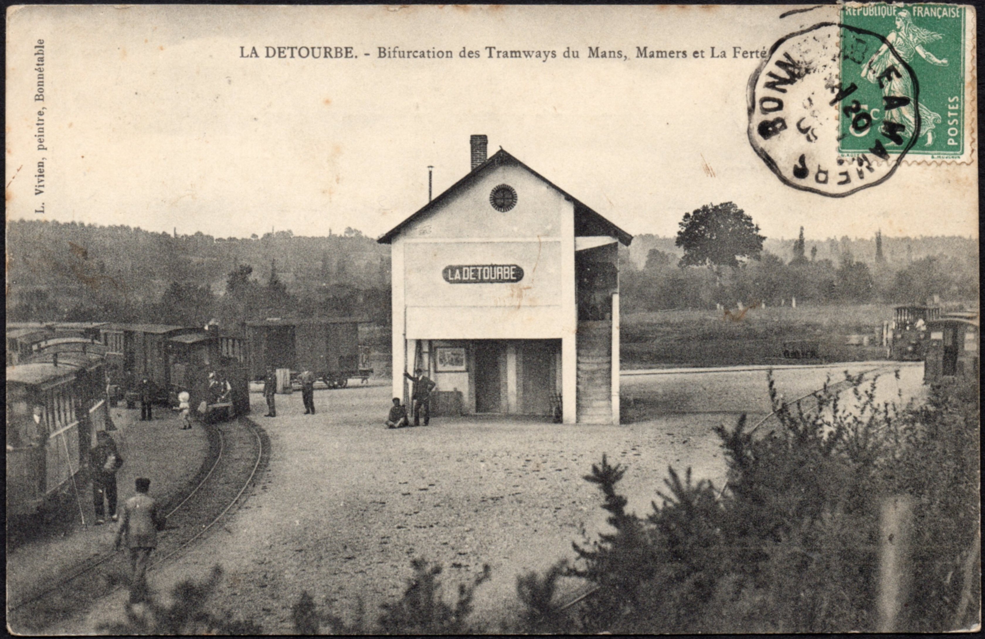 Gare de La Détourbe, Sarthe.  Tramway; Courrier-Convoyeur Bonnétable-Mamers 1909
